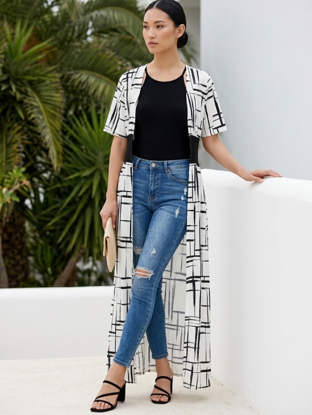 Womens NWOT FASHIONNOVA XL White & Black Geometric Maxi Kimono Wrap Empire Waist